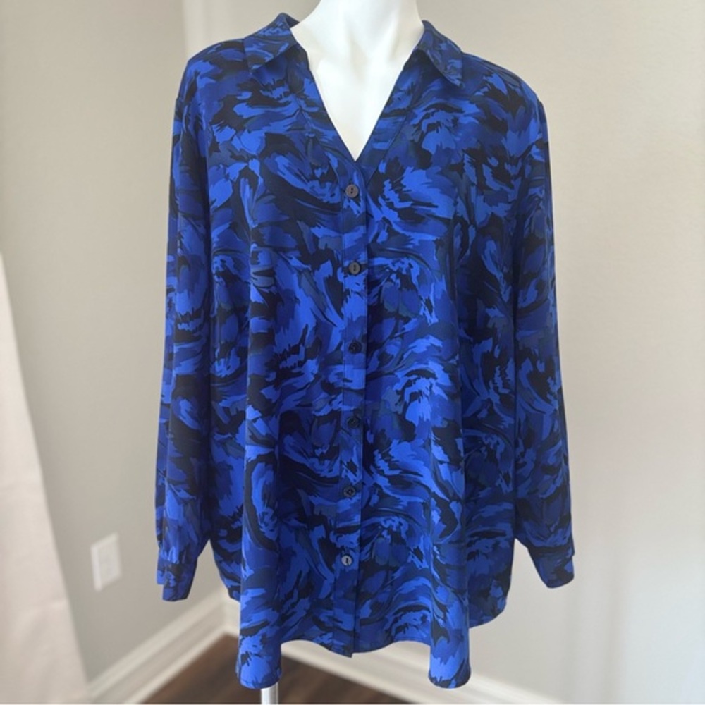 Catherine's Maggie Barnes Button Up Abstract Pattern Blue Black Tunic Blouse 2X